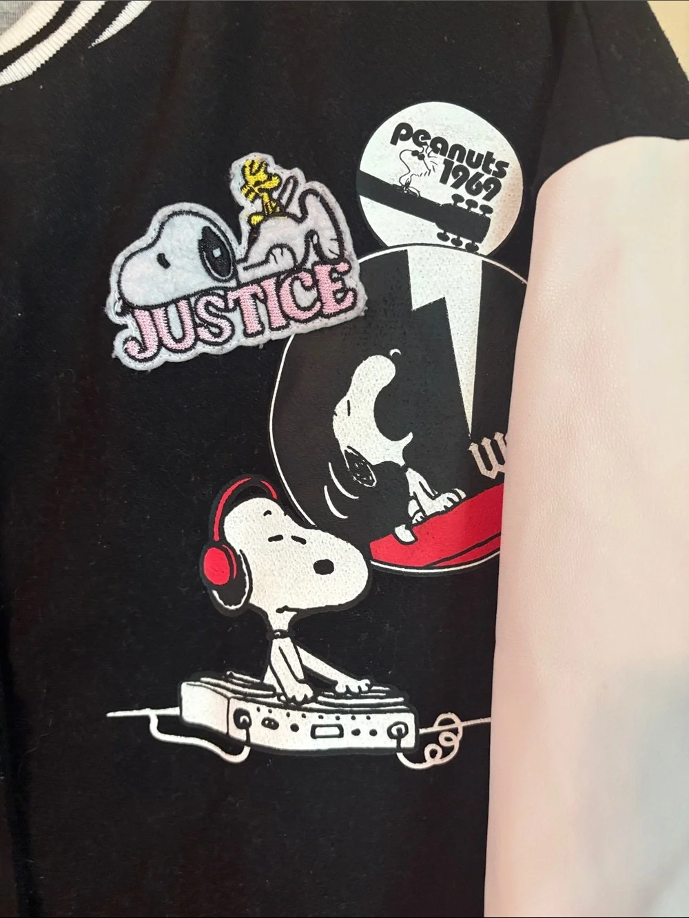 Justice Black & White Snoopy Varsity Jacket Size x-large (16-18)